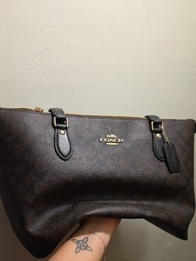 Coach Dark Brown Signature Canvas Tote with Gold Hardware
